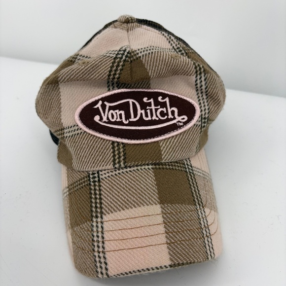 Von Dutch Accessories - Vintage 2000’s Von Dutch Plaid Pink Brown Hat Y2K Glam Party Trucker Snapback